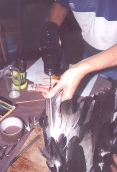 Drilling out the core of the feathers prior to inserting the donor feathers